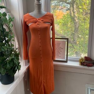 Morning Mist Orange Silky, Shimmer, Cut-out Long Sleeve Maxi. Trending for fall!